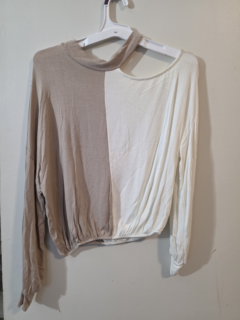 Two-Tone Beige and White Long Sleeve Women's Cut Out Top